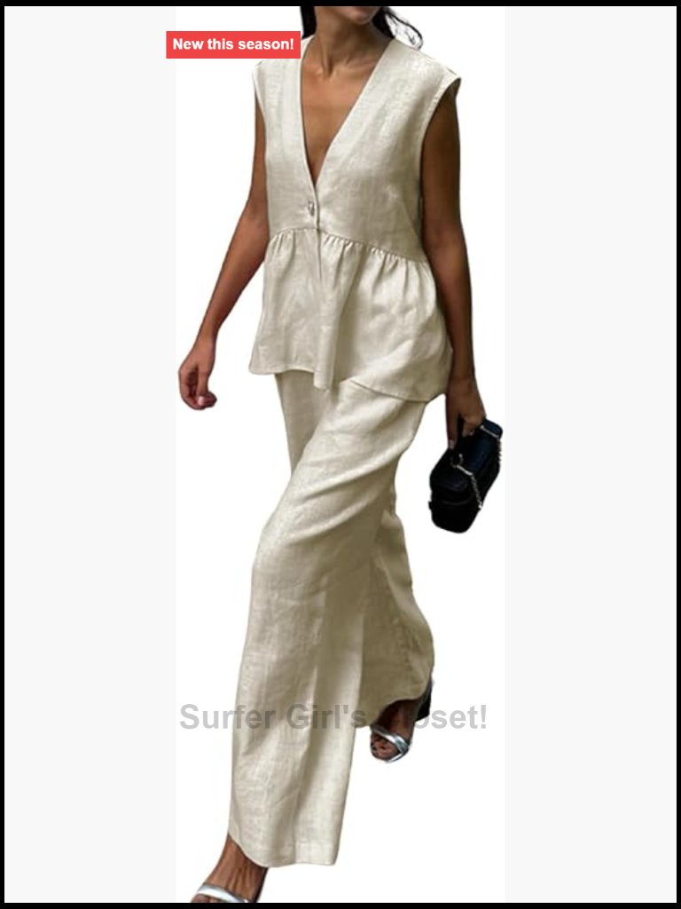 Sleeveless V Neck Peplum Vest & Wide Leg Pant Suit Set For Women Summer